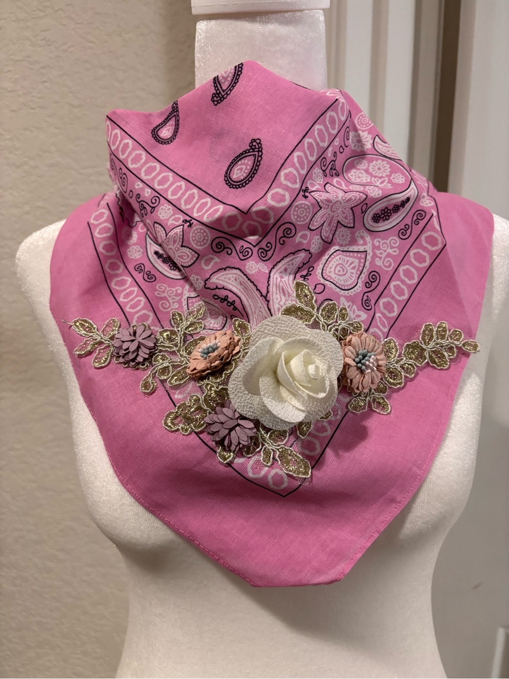 Aratta Pink Paisley Bandana Scarf with Floral Appliqué